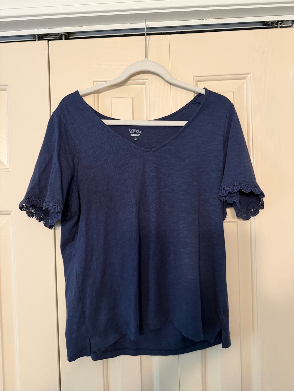 Market & Spruce Navy V-Neck Short Sleeve Top with Lace Trim